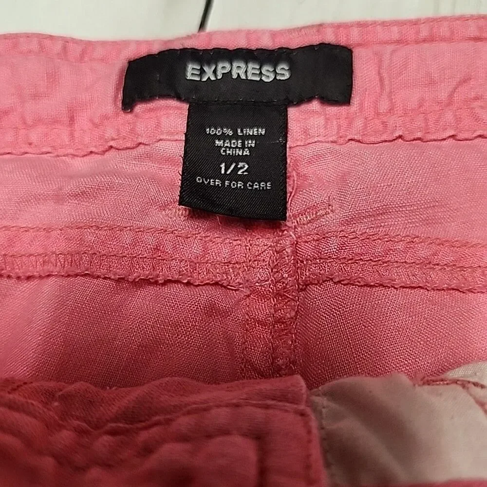 Express Women's Coral Pink 100% Linen Cargo Pants - Size 1/2 - Picture 6 of 11